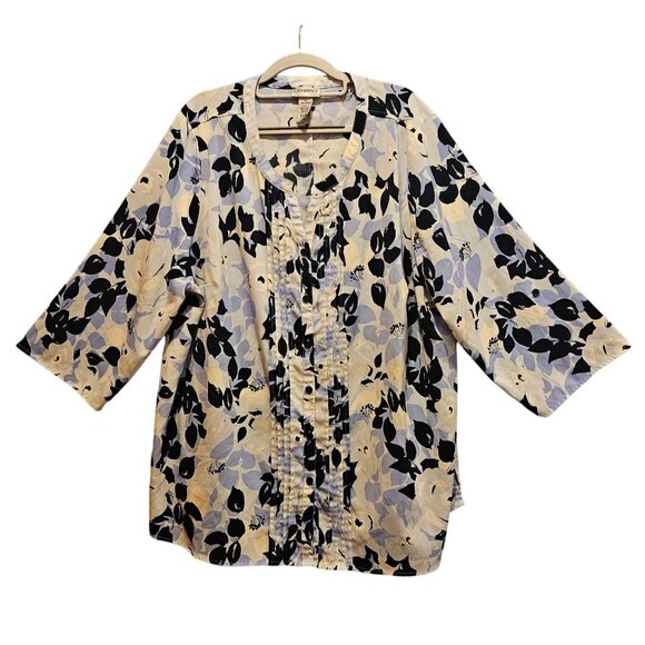 Catherines Blouse Plus Sized 2X Blue Floral Light Weight V-Neck Career City boxy - Picture 1 of 12